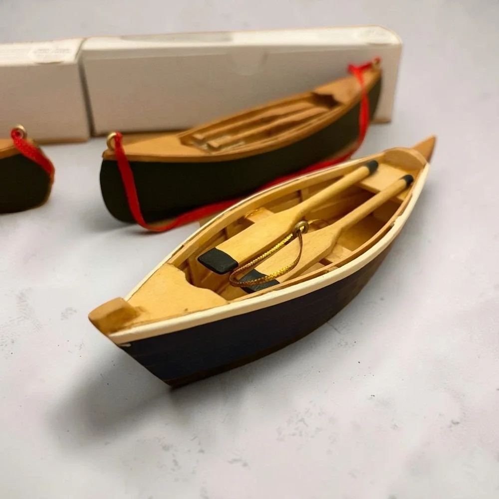Vintage Restoration Hardware Canoe Christmas Ornaments Wood Boat Lot of 4